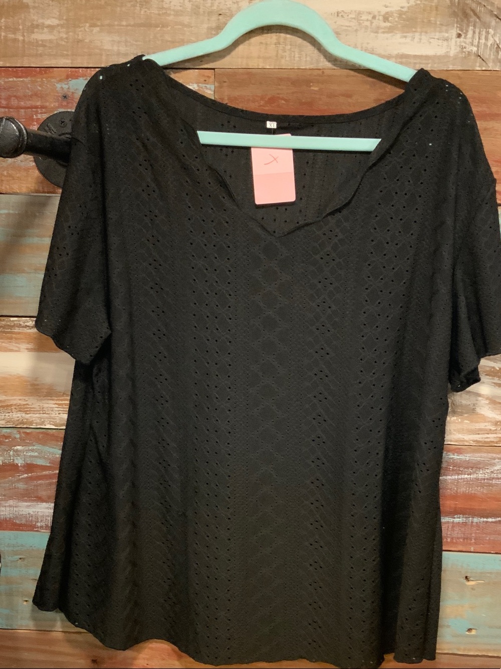 Black Eyelet V-Neck Swing Top